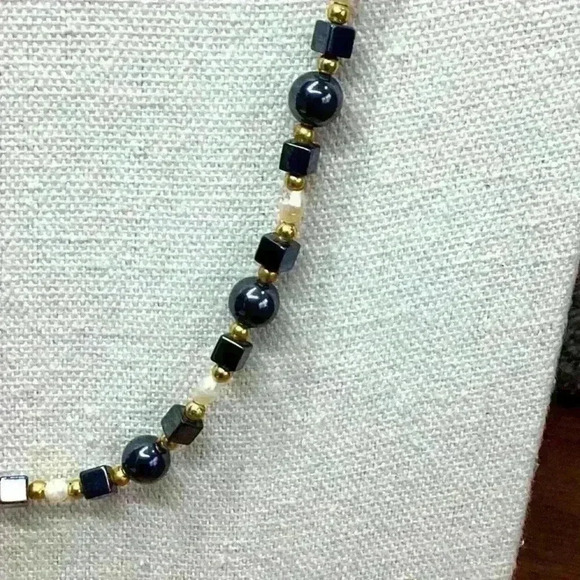 Vintage Stone Necklace with Square and Round Beads - Black White and Gold - Picture 2 of 3